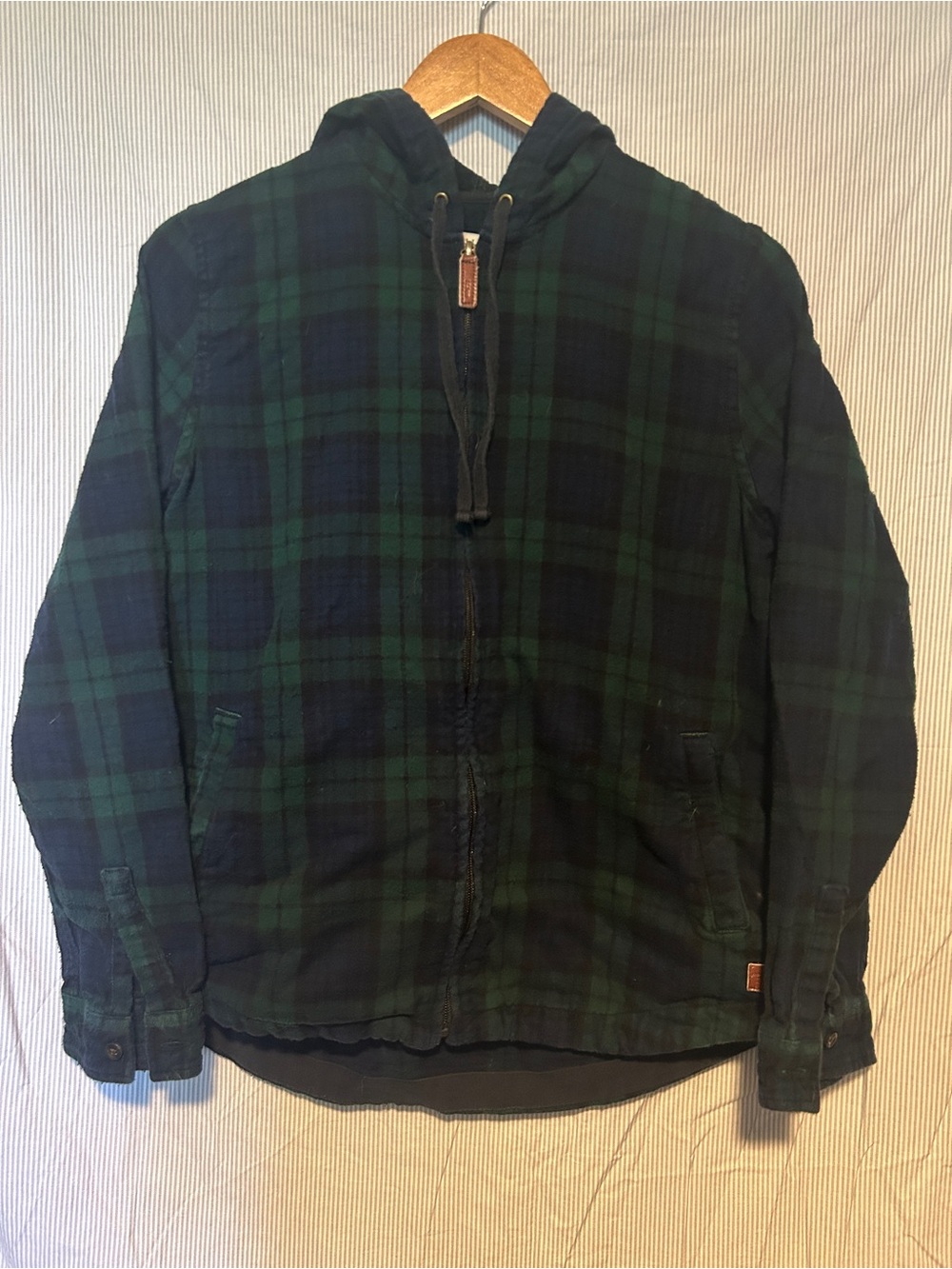 L.L. Bean Women’s Green and Blue Plaid Hooded Zip Flannel